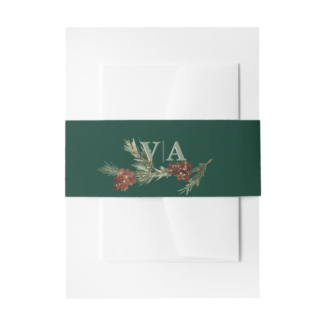 Bandeau De Faire-part Pin d'hiver vert avec Monogramme Mariage (Devant example)