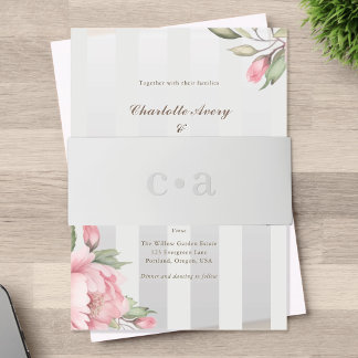 Bandeau De Faire-part Rouge Pivoine Monogramme Gris Mariage