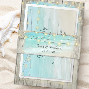 Bandeau De Faire-part Rustic Beach Bois Chaîne Lumières Océan Mariage