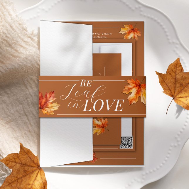 Bandeau De Faire-part Soyez Feuilles Dans L'Amour Feuilles D'Automne Mar (Elegant Watercolor fall leaves Autumn wedding invitation belly band, burnt orange, Be leaf beleaf )