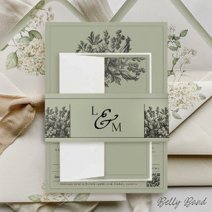 Bandeau De Faire-part Vert sauge Floral Élégant Monogramme Mariage Vinta