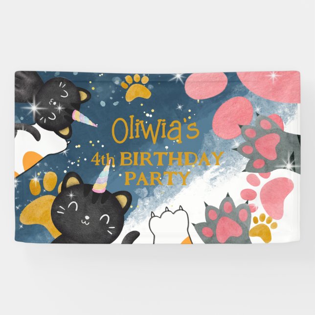 Banderole d'anniversaire de caticorn magique (Horizontal)