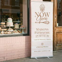 Banderole Rétractable Now Open Pink Stripe Cupcake Whisk Bakery Business