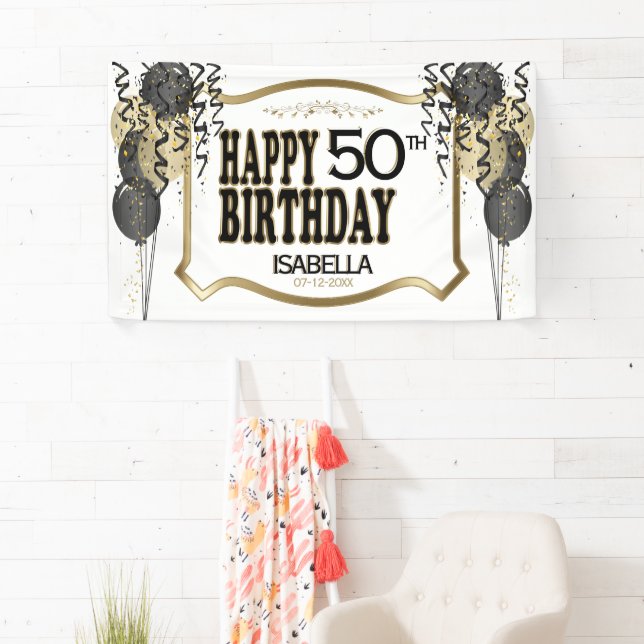 Banderoles 00e anniversaire Nom et âge - Ballons noirs (En situation)