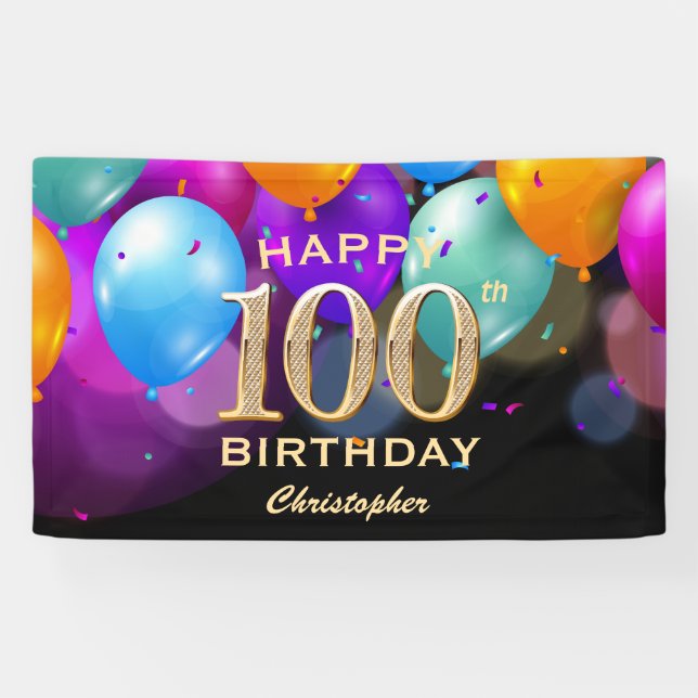 Banderoles 100e fête d'anniversaire Ballons Noir et Or (Horizontal)