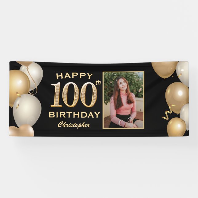 Banderoles 100e fête d'anniversaire Ballons Noir et Or Photo (Horizontal)