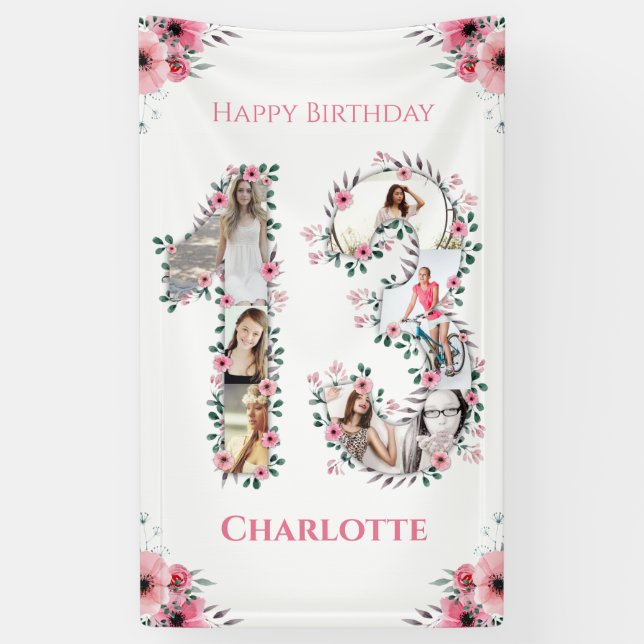 Banderoles 13e anniversaire Photo Collage Rose Fleur Fille Bl (Vertical)
