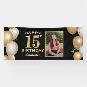 Banderoles 15e anniversaire de la fête Black and Gold Balloon