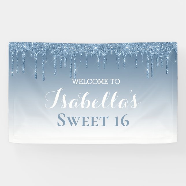 Banderoles 16 ans | Parties scintillant à goutte bleue (Horizontal)