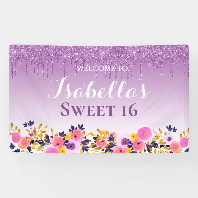 Banderoles 16 ans | Parties scintillant de séchage floral pou (Horizontal)