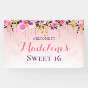 Banderoles 16 ans Parties scintillant de séchage floral ros