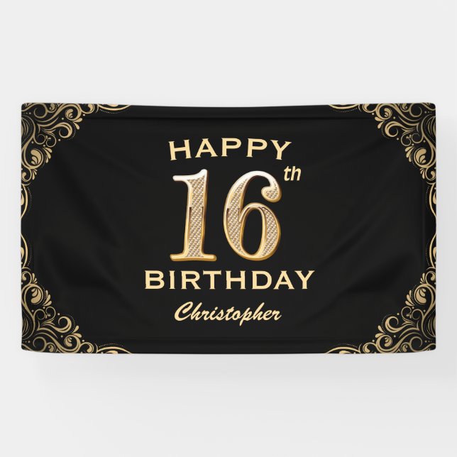 Banderoles 16e anniversaire de la Parties scintillant Noir et (Horizontal)
