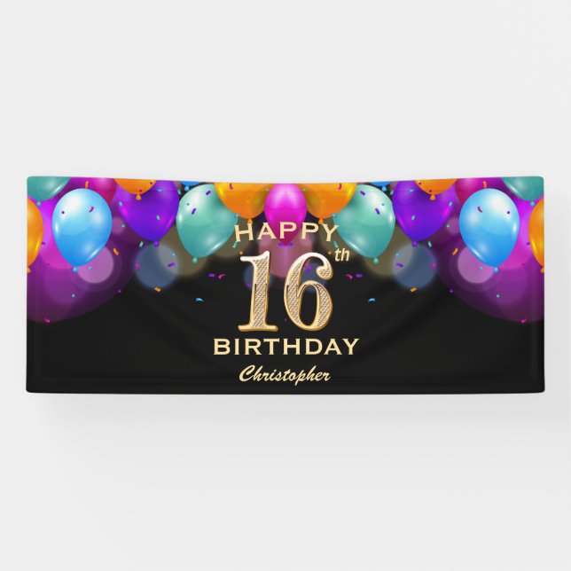 Banderoles 16e fête d'anniversaire Ballons noirs et or (Horizontal)