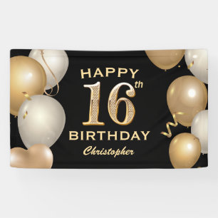 Banderoles 16e fête d'anniversaire Ballons noirs et or