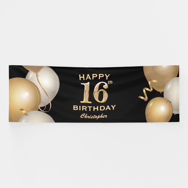 Banderoles 16e fête d'anniversaire Ballons noirs et or (Horizontal)