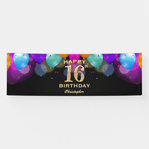 Banderoles 16e fête d'anniversaire Ballons noirs et or