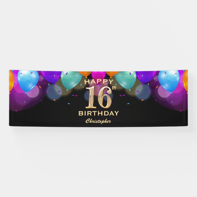 Banderoles 16e fête d'anniversaire Ballons noirs et or (Horizontal)