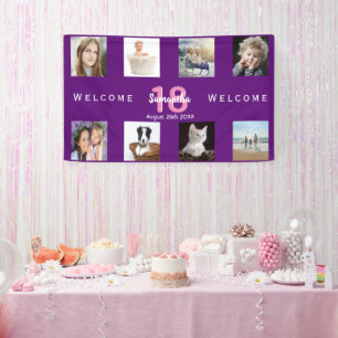 Banderoles 18e anniversaire fête photo collage fille violet