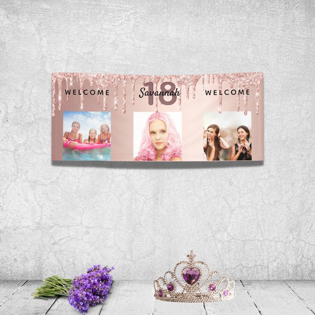 Banderoles 18e anniversaire photo rose or parties scintillant (Créateur téléchargé)