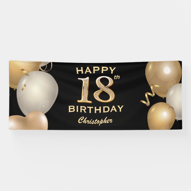 Banderoles 18e fête d'anniversaire Ballons noirs et or (Horizontal)