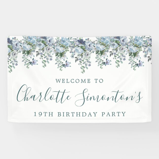 Banderoles 19e anniversaire Dusty Blue Floral Bienvenue (Horizontal)