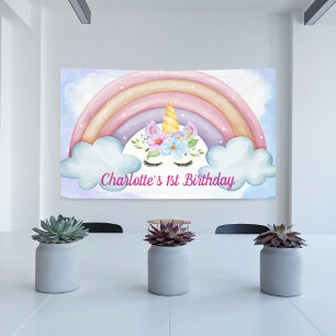 Banderoles 1er anniversaire aquarelle Floral Unicorn Party