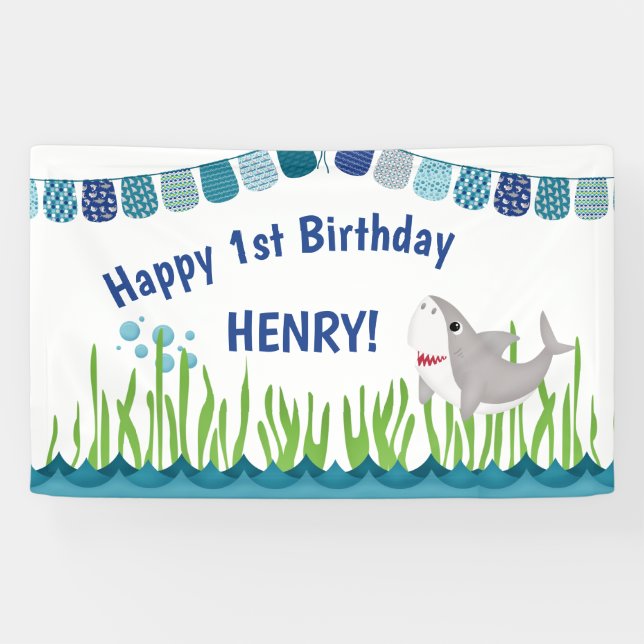 Banderoles 1er anniversaire Bleu Turquoise requin Océan Banni (Horizontal)