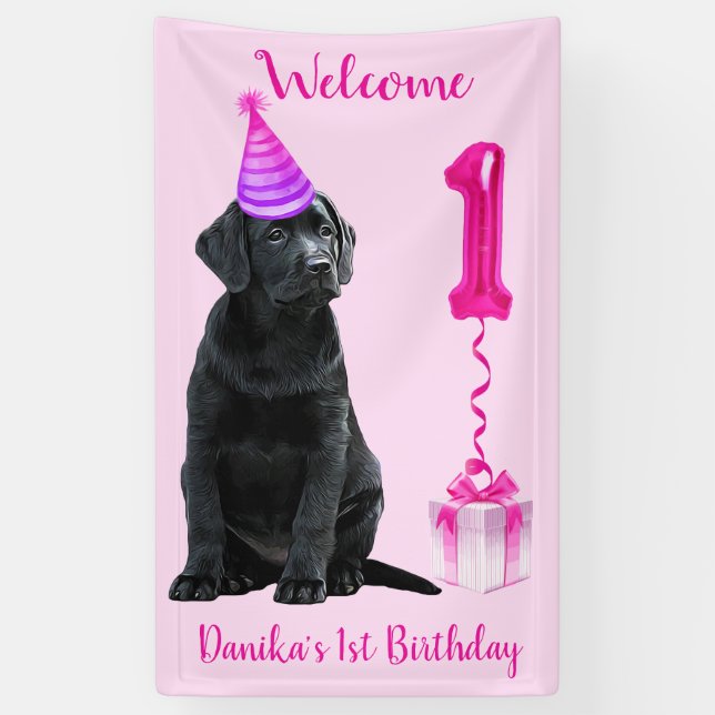 Banderoles 1er Anniversaire Chiot Thème - Mignonne Chien Rose (Vertical)