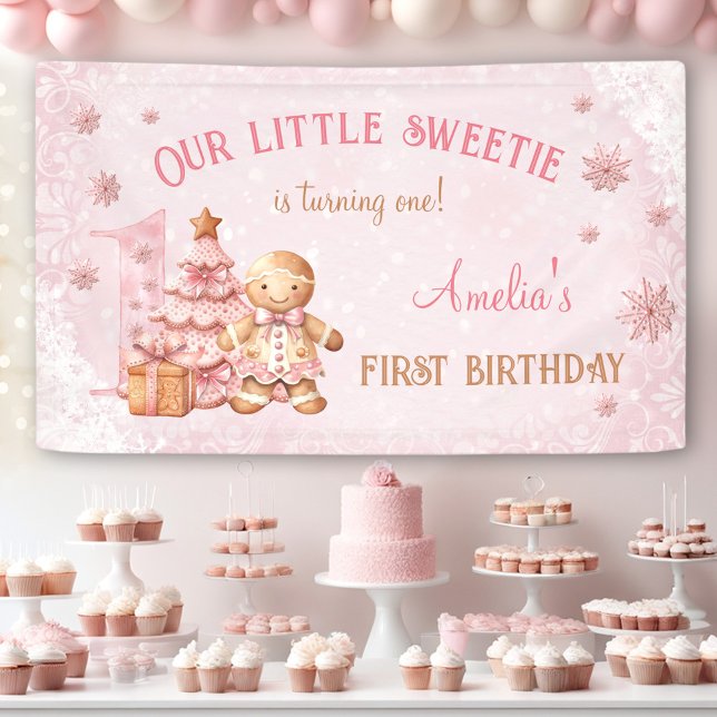 Banderoles 1er anniversaire Gingerbread Man Girl Pink Noël (1st Birthday Gingerbread Man Girl Pink Christmas Banner)