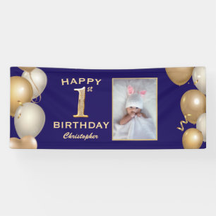 Banderoles 1er Anniversaire Marine Bleu et Ballons d'or