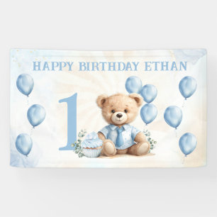 Banderoles 1er anniversaire mignon Bear Ballons Bleus Banner