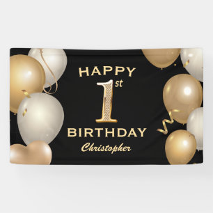 Banderoles 1ère fête d'anniversaire Ballons noirs et or