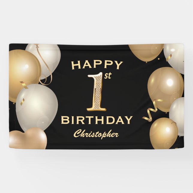 Banderoles 1ère fête d'anniversaire Ballons noirs et or (Horizontal)