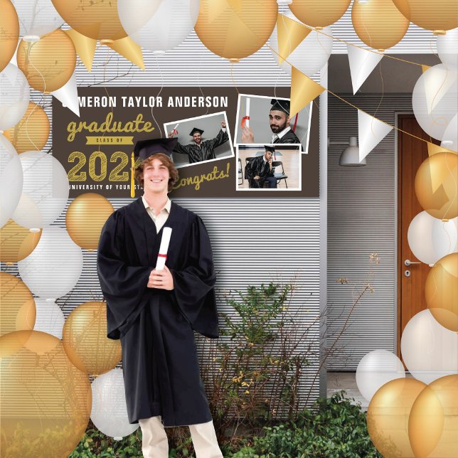 Banderoles 2025 Bold Croquis 3 Photo Collage Graduation Party (2024 Brown & Gold Sketch 3 Photo, Modern Graduation Party Banner @ www.zazzle.com/color_therapy)