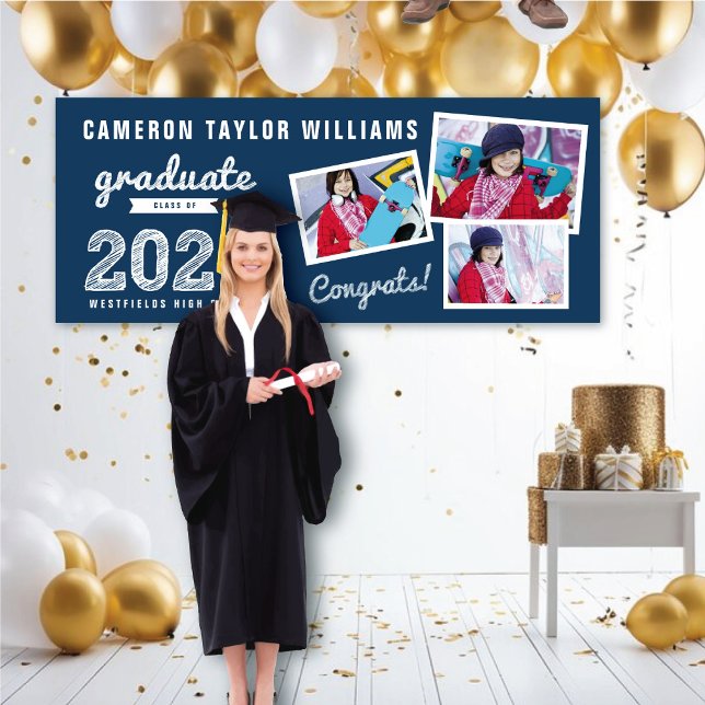 Banderoles 2025 Graduate Sketch Trois Photo Graduation Party (2024 Navy Blue & White Sketch 3 Photo, Modern Graduation Party Banner @ www.zazzle.com/color_therapy)