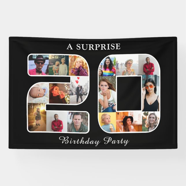 Banderoles 20e anniversaire de fête Photo Collage noir (Horizontal)