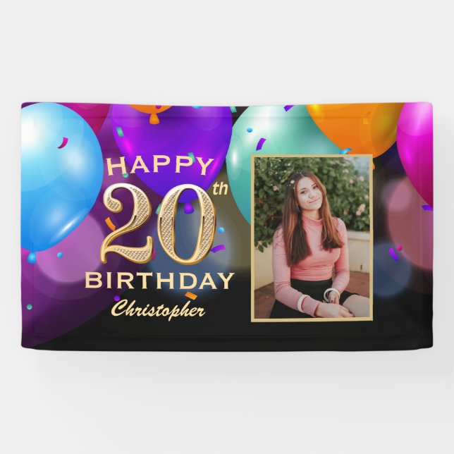 Banderoles 20e anniversaire de la fête Black and Gold Balloon (Horizontal)