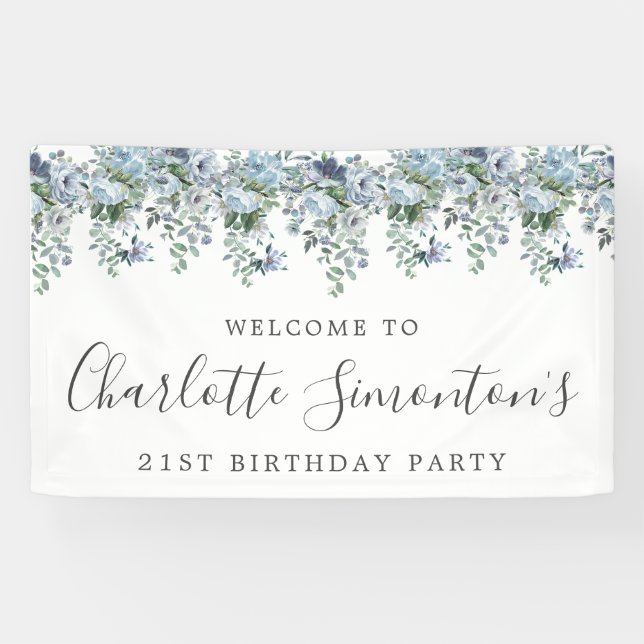 Banderoles 21e anniversaire Dusty Blue Floral Bienvenue (Horizontal)