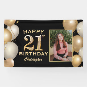 Banderoles 21e Anniversaire Noir et Or Ballons Photo