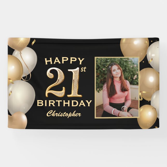 Banderoles 21e Anniversaire Noir et Or Ballons Photo (Horizontal)