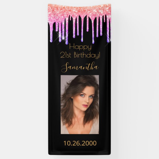 Banderoles 21e anniversaire noir rose gouttes d'or photo (Vertical)