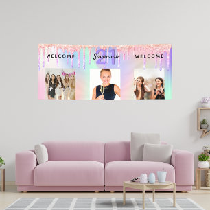 Banderoles 21e anniversaire photo holographique gouttes roses