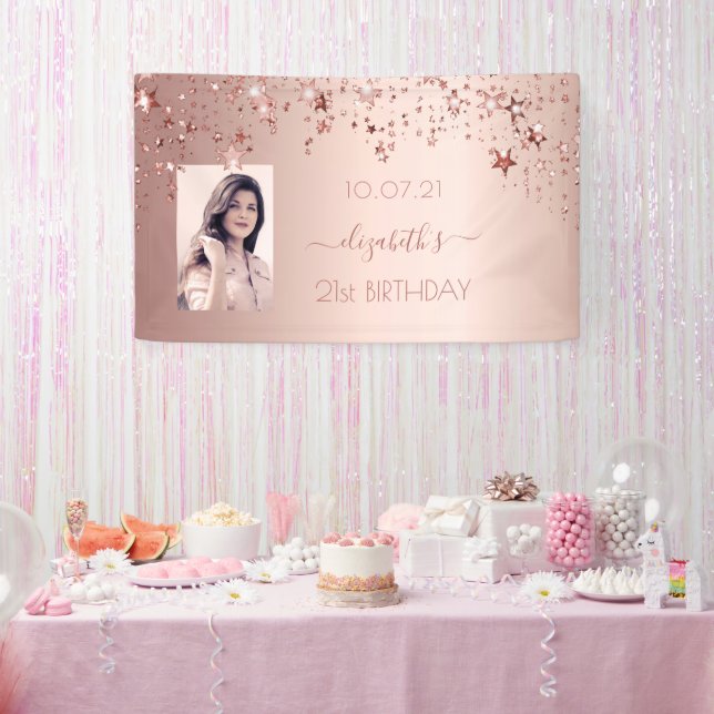 Banderoles 21e anniversaire rose or blush étoiles photo (Fête)