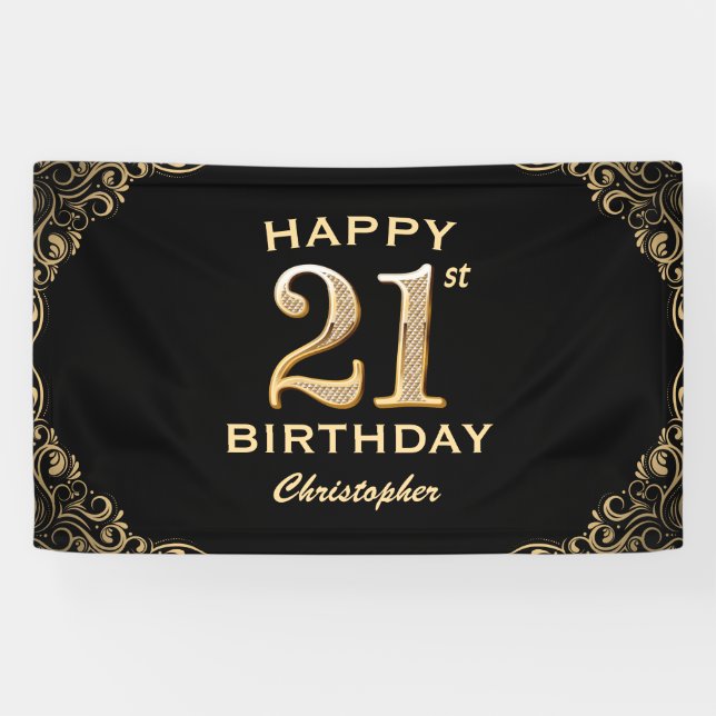 Banderoles 21e fête d'anniversaire Parties scintillant noire  (Horizontal)