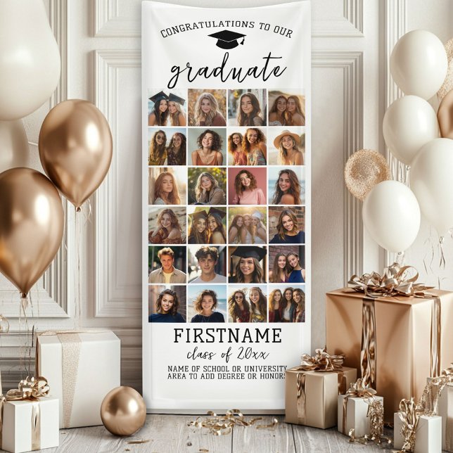 Banderoles 24 Photo Collage Graduation Moderne Minimal Blanc (Custom Graduation Banner - Great for a backdrop or Grad Party Decoration)