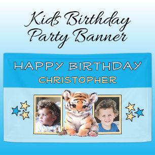 Banderoles 2 photos anniversaire enfant nom tigre bleu fête