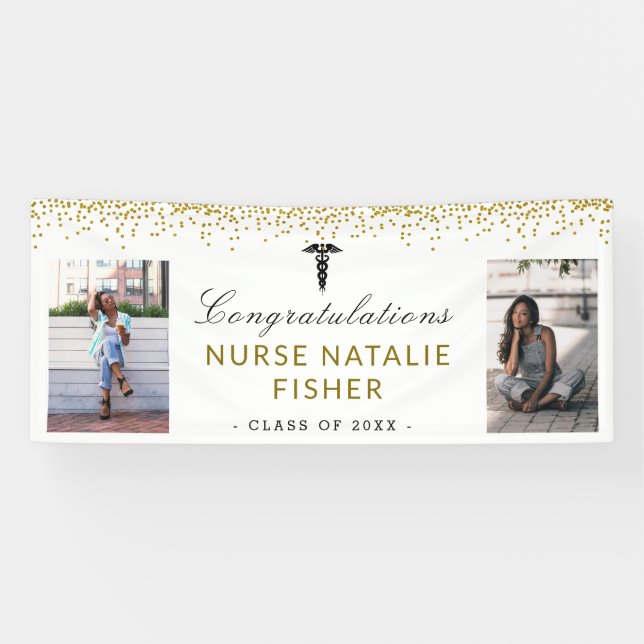 Banderoles 2 Script photo Félicitations Nurse Gold Confetti (Horizontal)