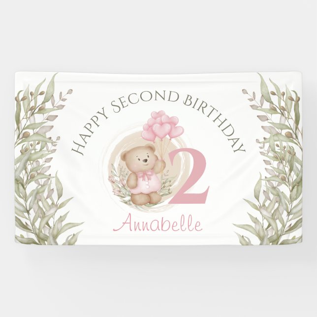 Banderoles 2e anniversaire mignon ours ours en peluche verdur (Horizontal)