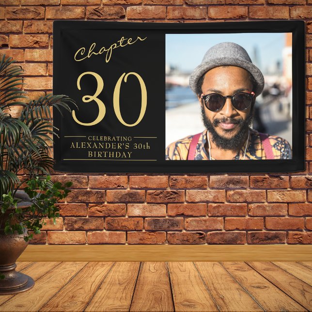 Banderoles 30e anniversaire Black Gold Photo (Celebrate that 30th birthday with this unique personalized wall banner.)