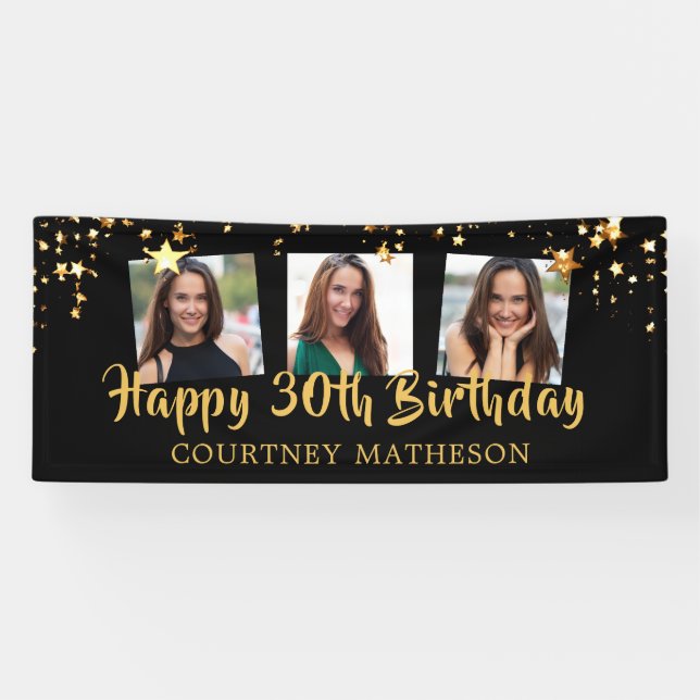 Banderoles 30e anniversaire Black Gold Stars Photo personnali (Horizontal)